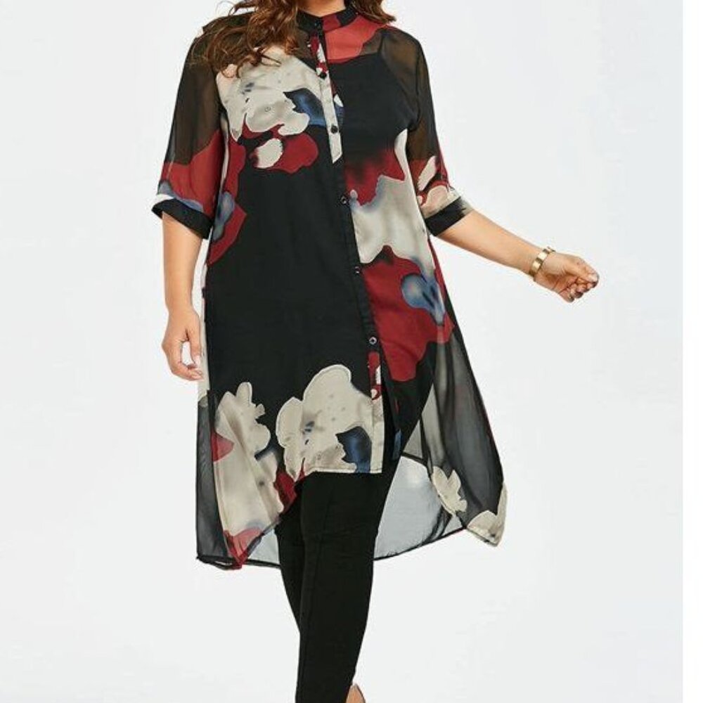 Va Ba La black button down asymmetrical hem/3/4 length sleeves impressionistic